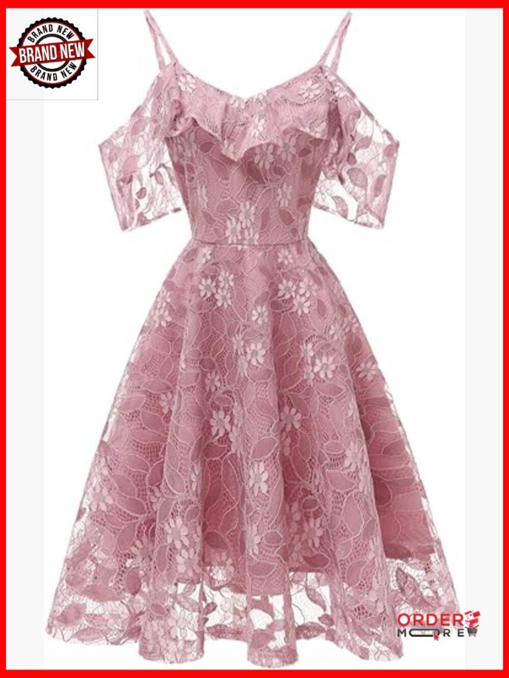Vintage Floral Lace Cocktail Swing Dress with Cold Shoulder